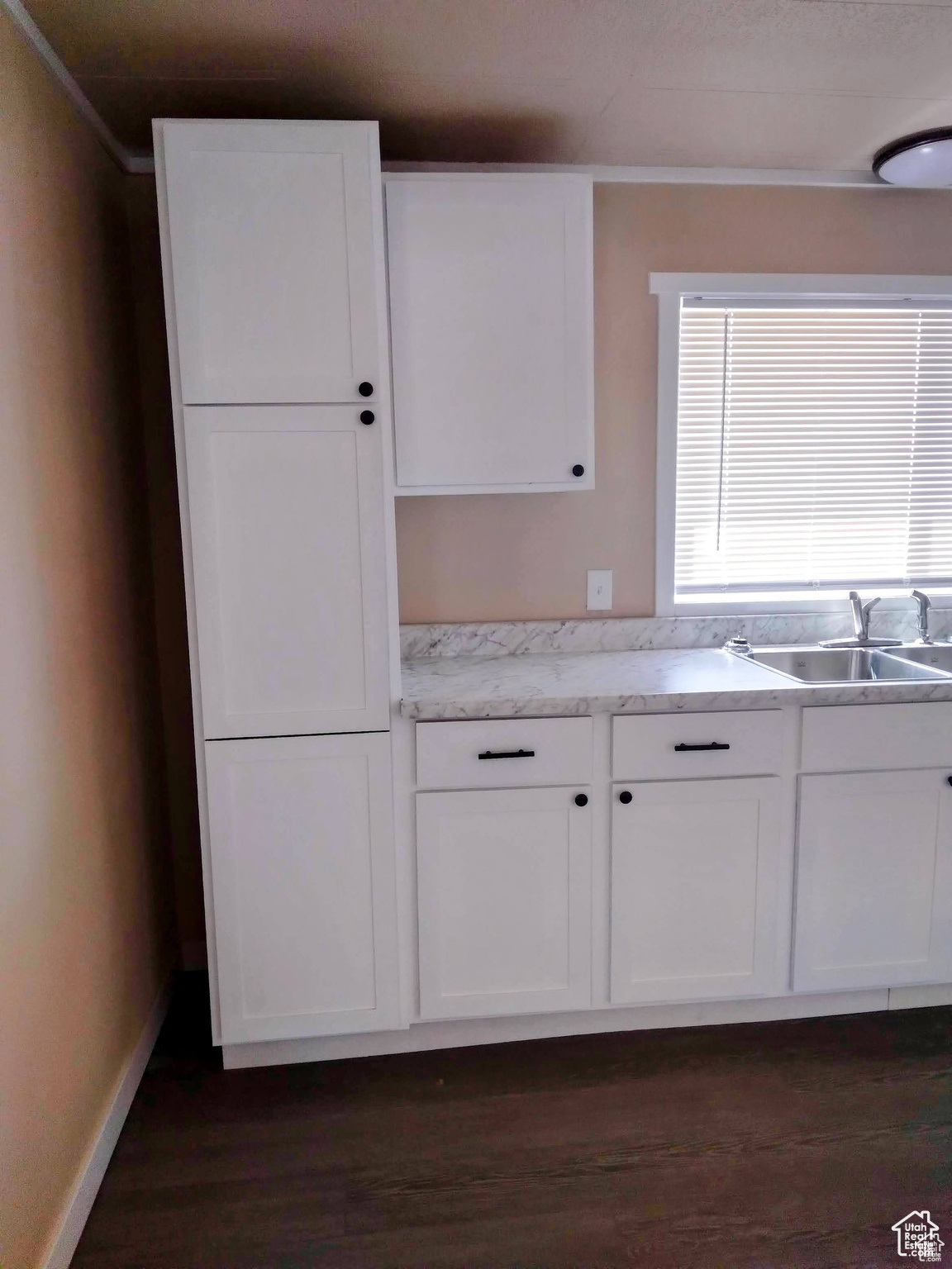 Kitchen featuring white cabinets, dark hardwood / wood-style floors, and sink