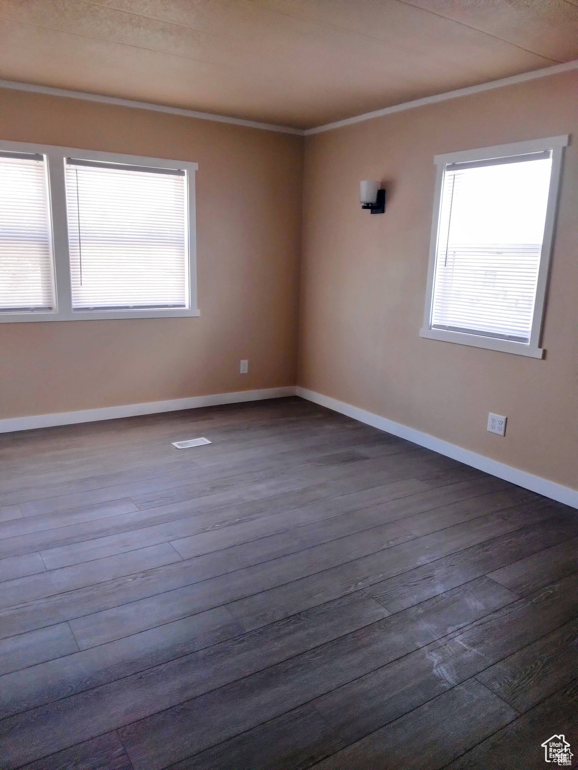 Spare room featuring dark hardwood / wood-style flooring, crown molding, and a wealth of natural light