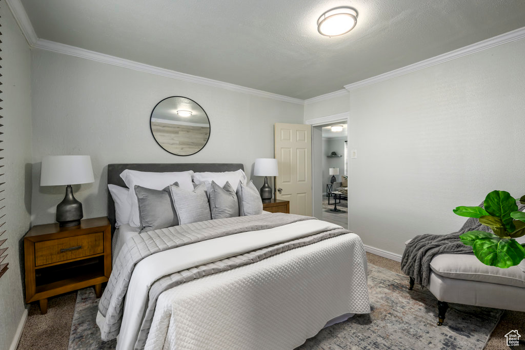 Bedroom with crown molding and carpet floors