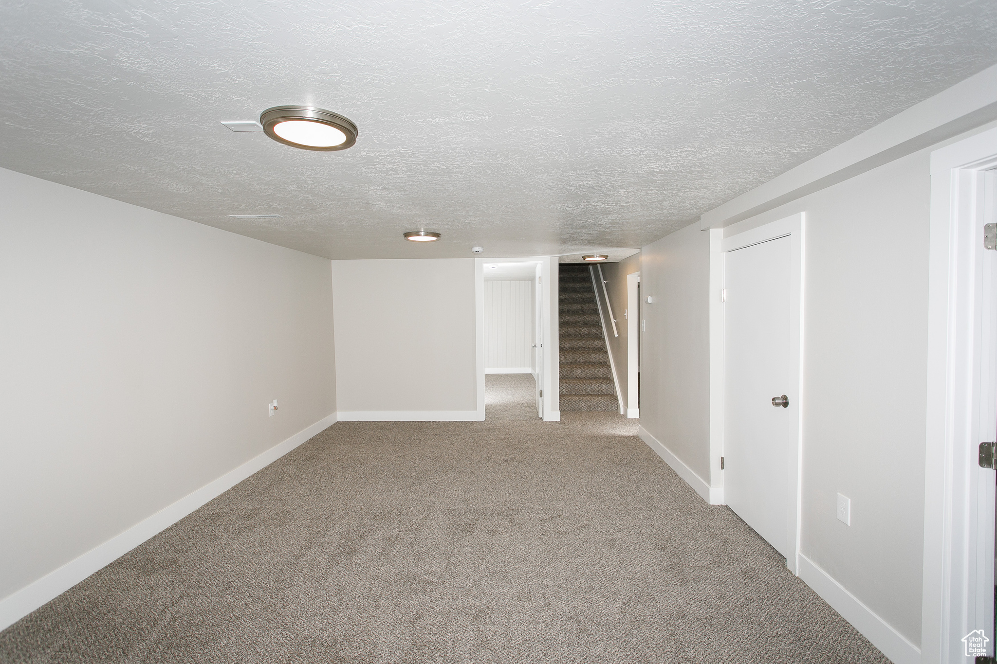 Basement with carpet and a textured ceiling