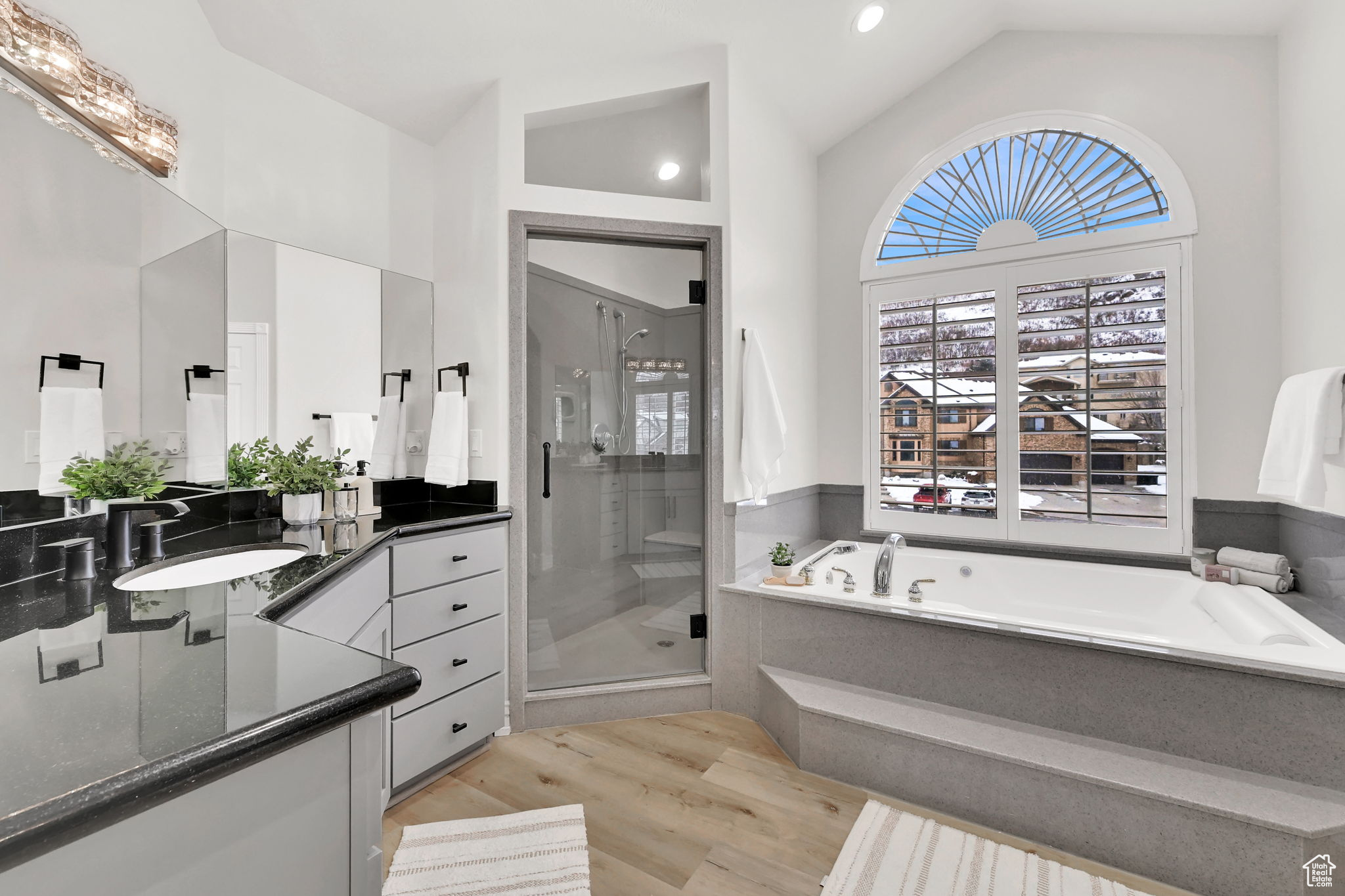 Bathroom with hardwood / wood-style floors, vanity, lofted ceiling, and plus walk in shower