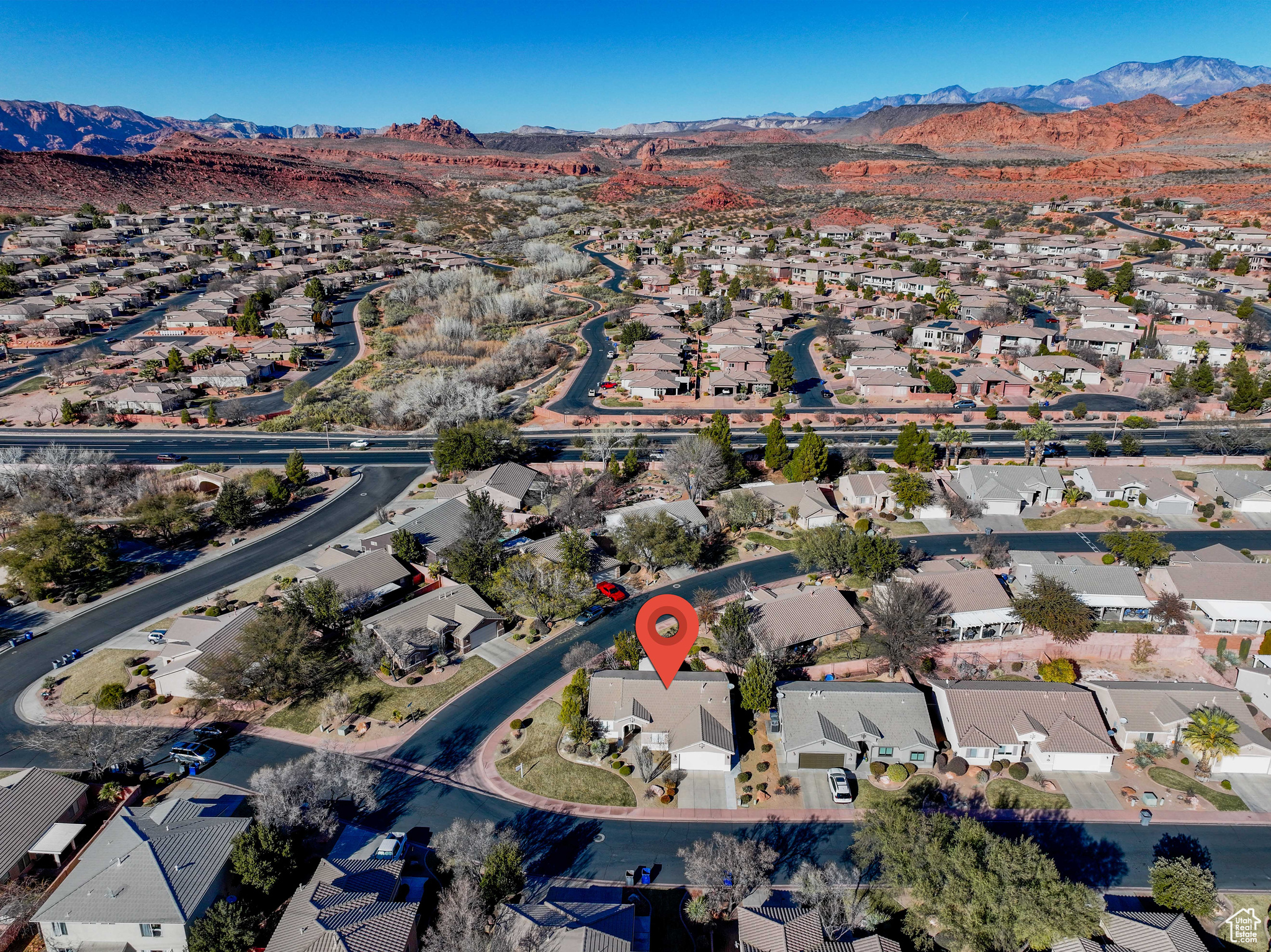Drone / aerial view with a mountain view