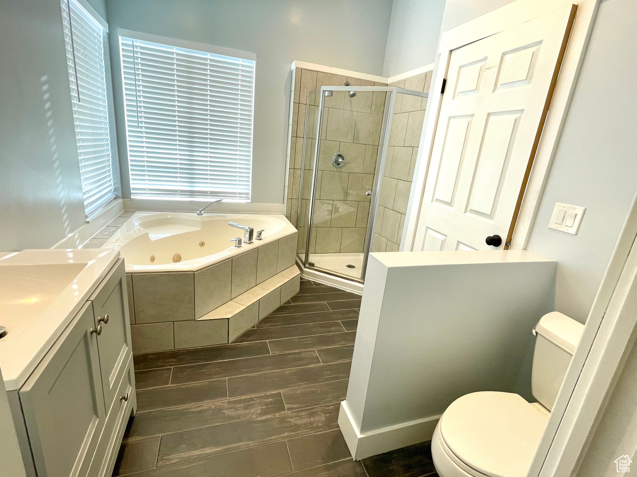 Full bathroom with vanity, plus walk in shower, a healthy amount of sunlight, and toilet