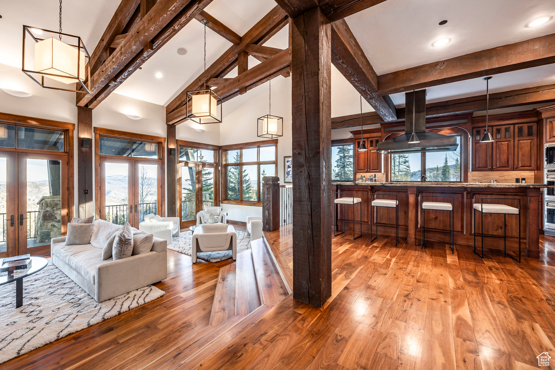 Living room featuring a wealth of natural light, french doors, high vaulted ceiling, and hardwood / wood-style floors