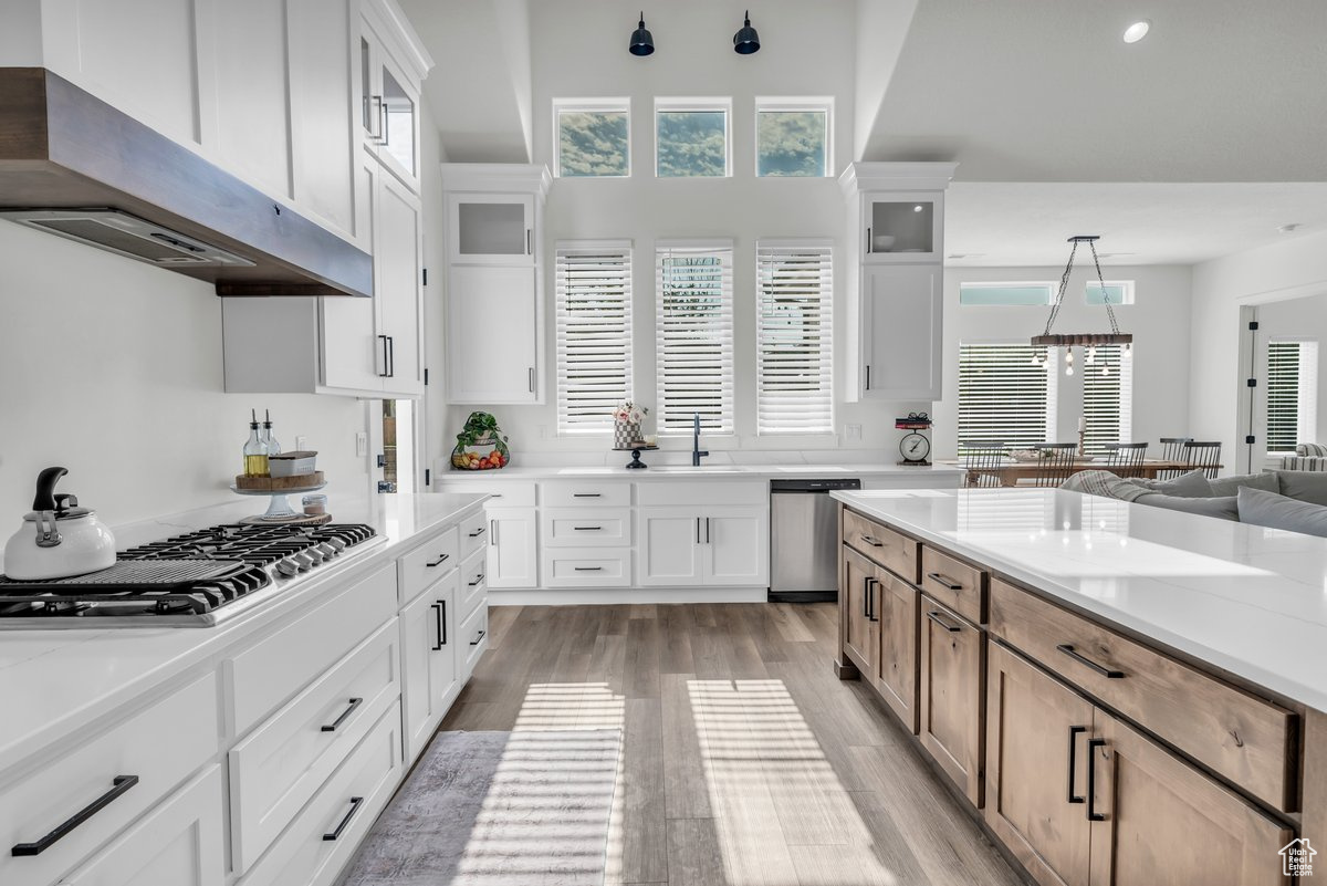 Kitchen with appliances with stainless steel finishes, ventilation hood, white cabinetry, and pendant lighting