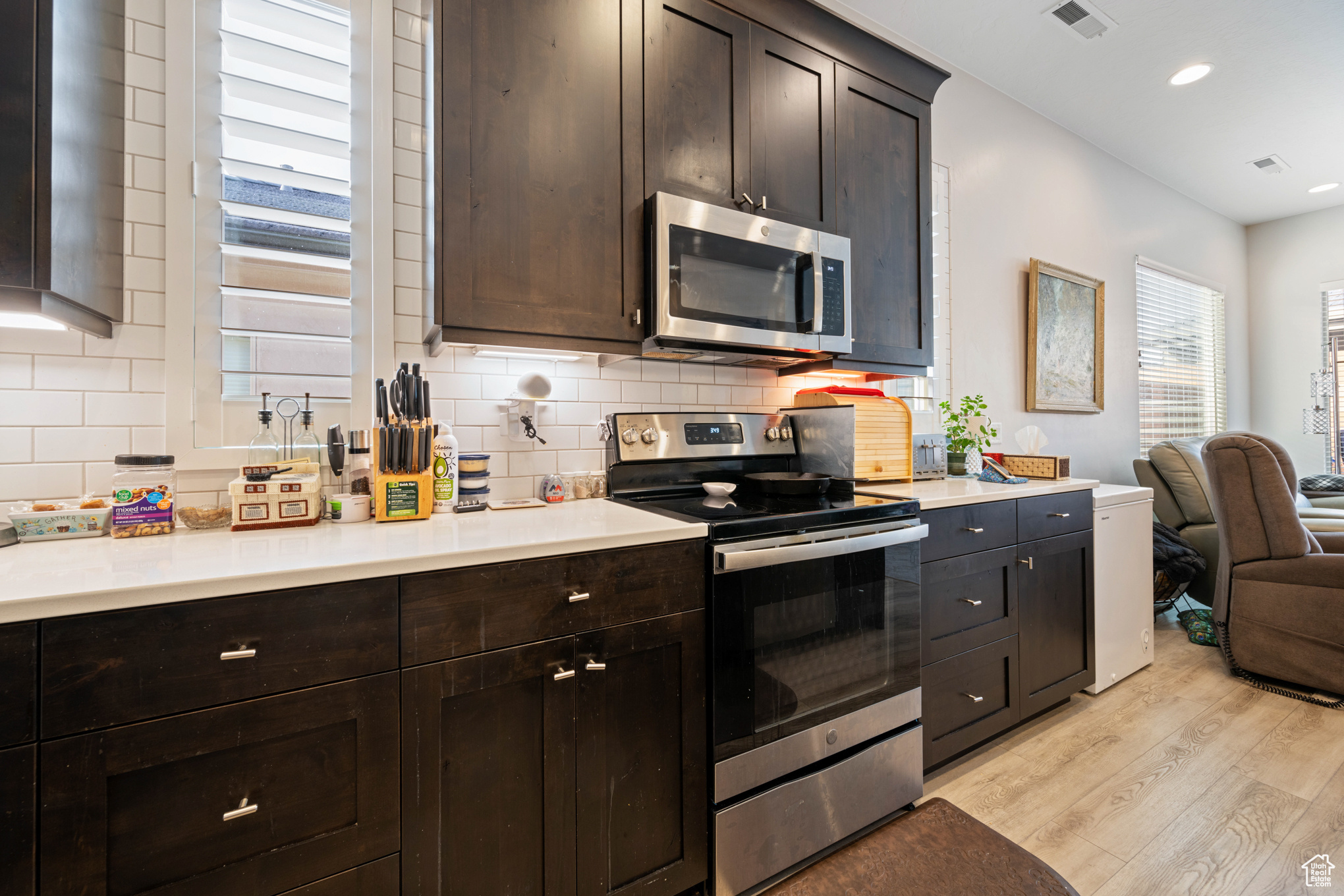 Kitchen featuring backsplash, dark brown cabinetry, light hardwood / wood-style flooring, and appliances with stainless steel finishes