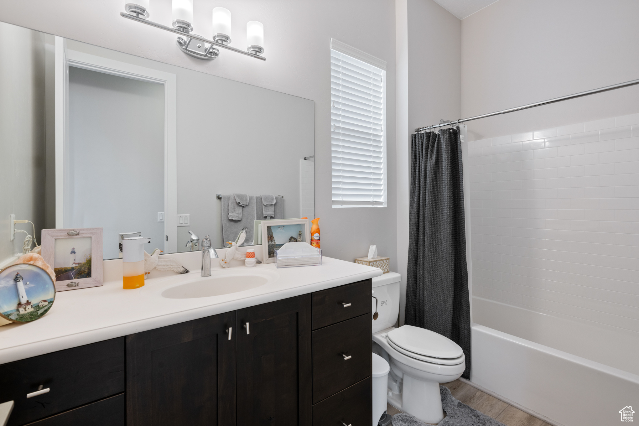 Full bathroom featuring a wealth of natural light, vanity, wood-type flooring, and shower / bath combo