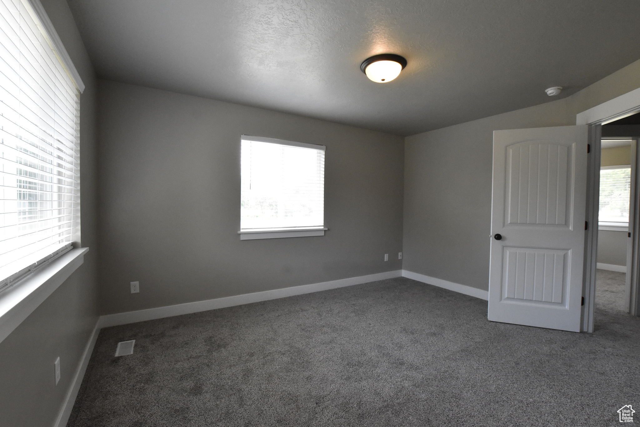 Spare room with carpet floors and lofted ceiling