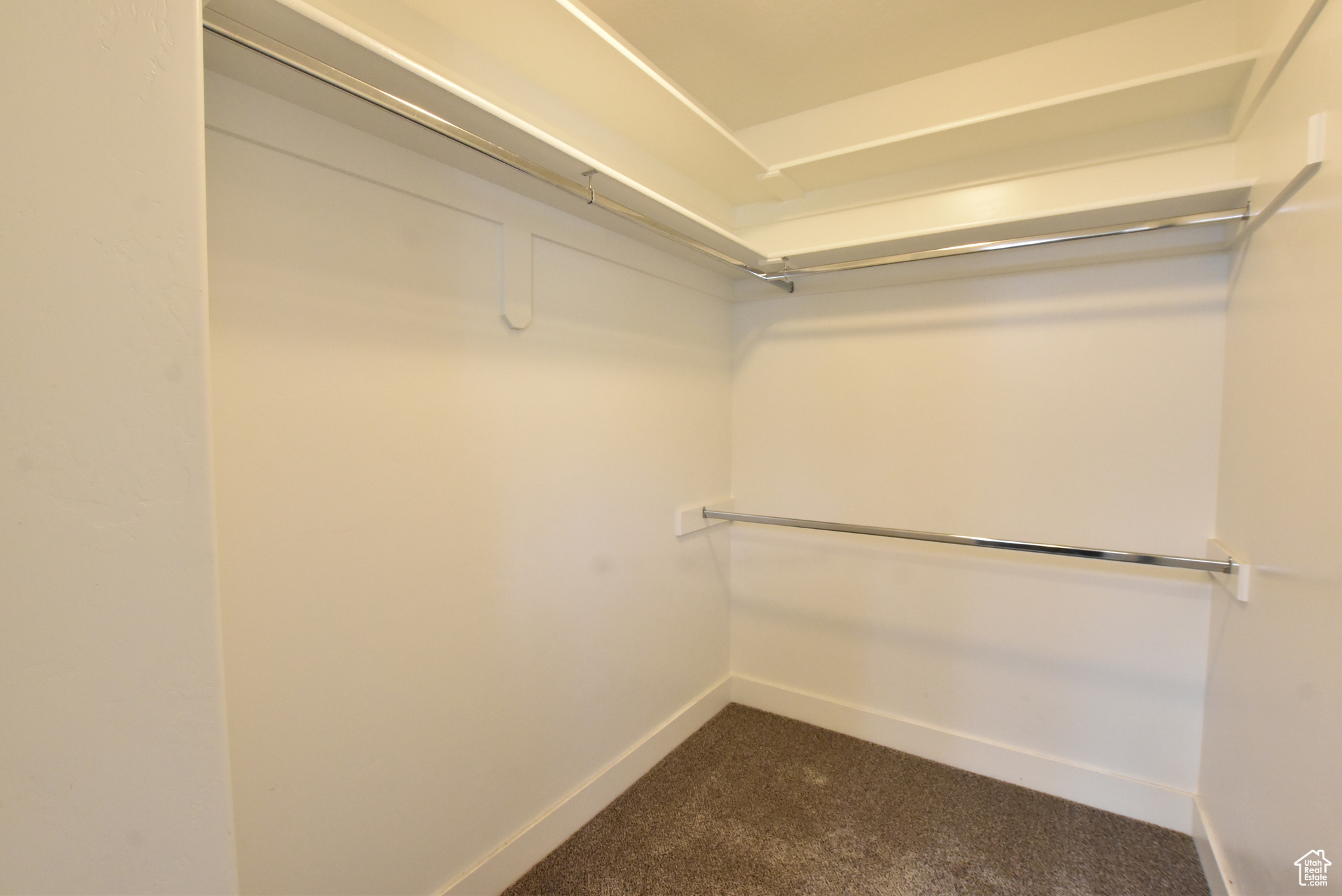 Spacious closet with dark colored carpet