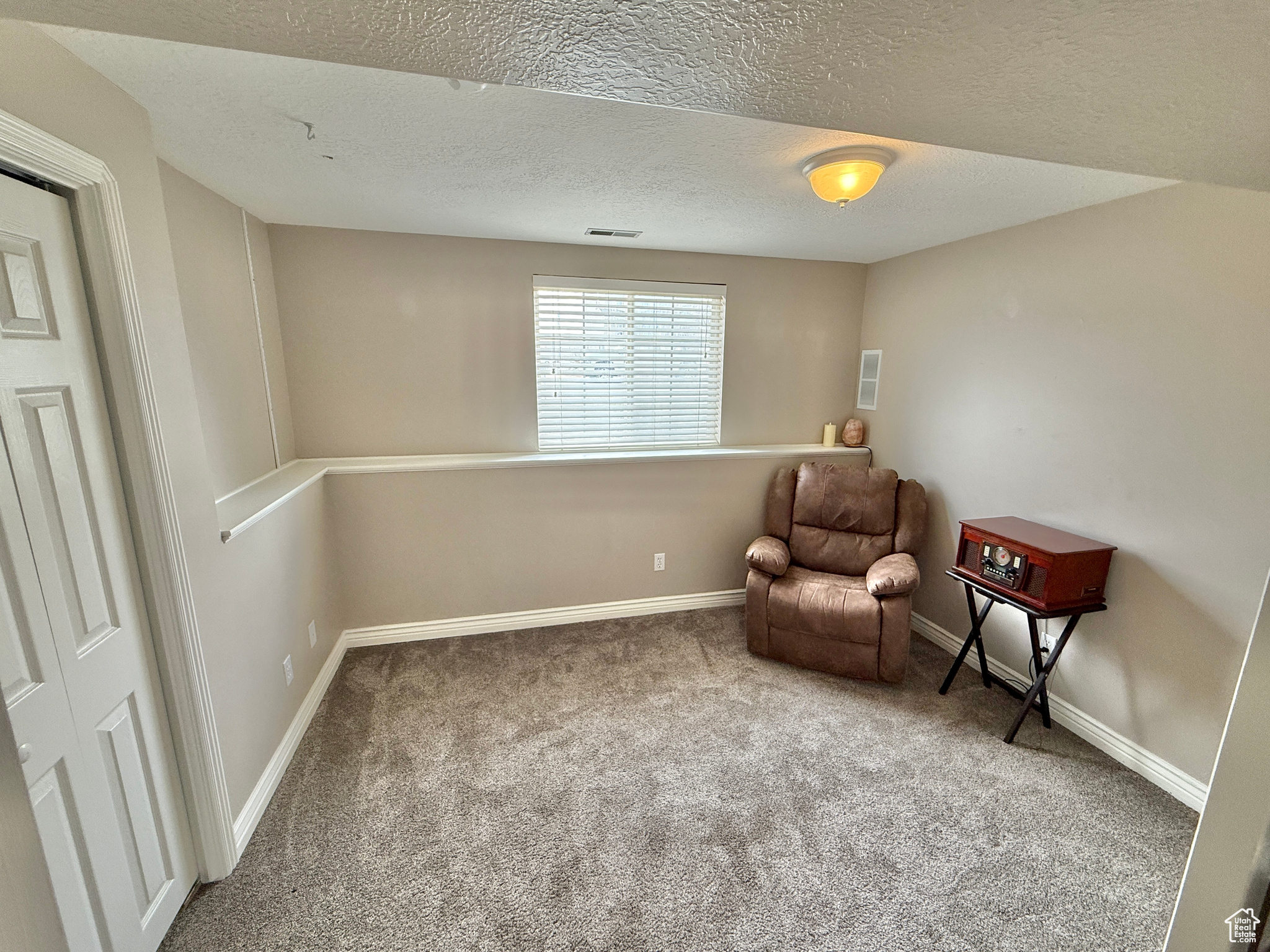Sitting room with carpet and a textured ceiling