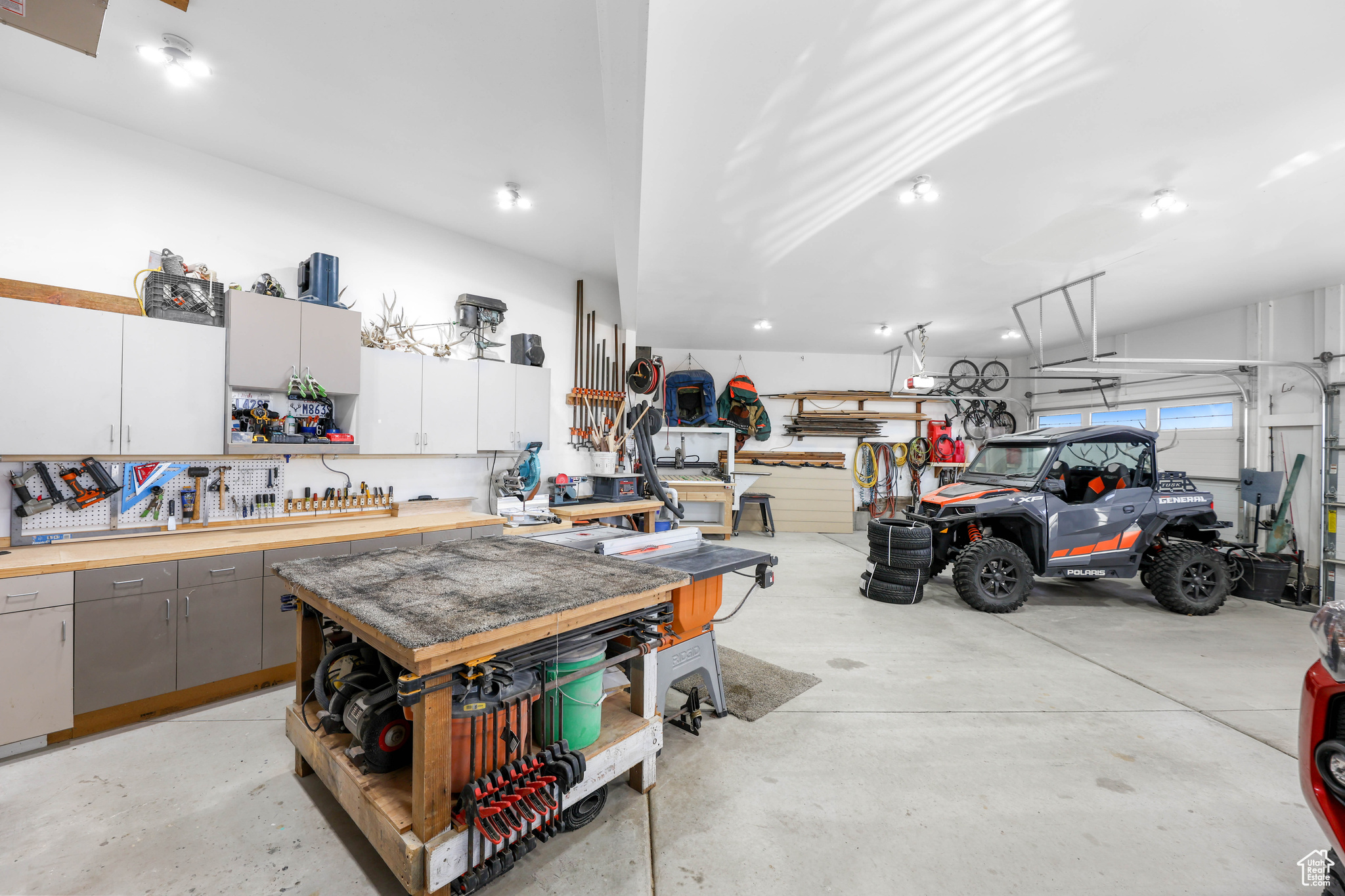 Garage with a workshop area