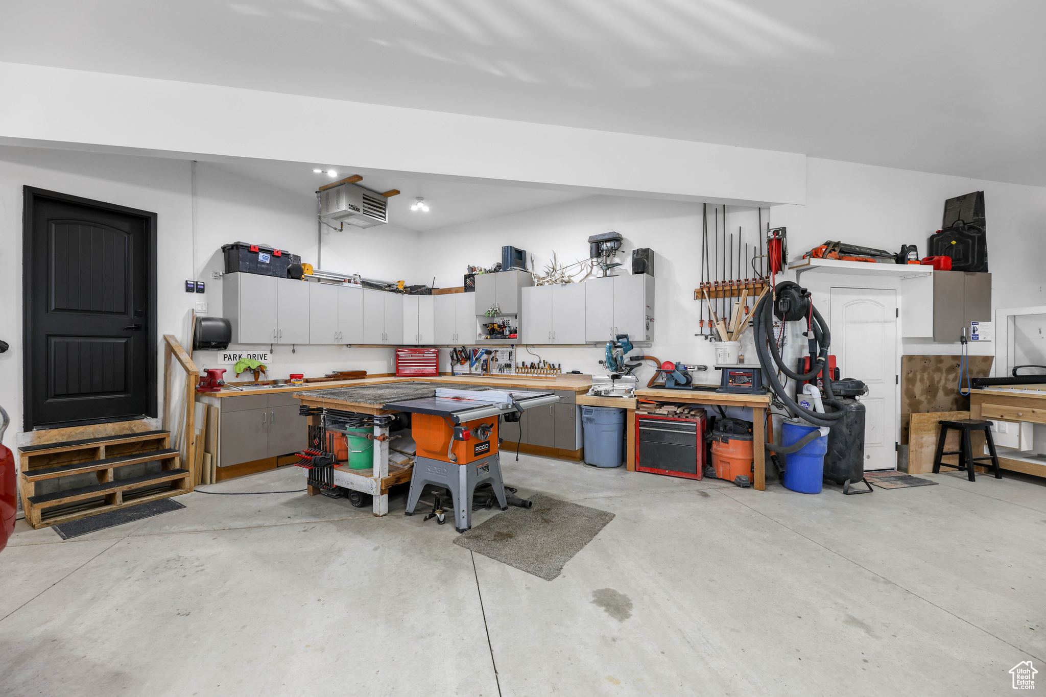 Garage with a workshop area