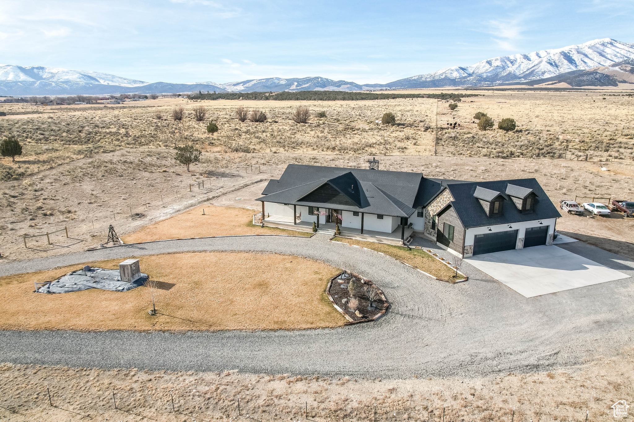 Exterior space featuring a mountain view and a garage