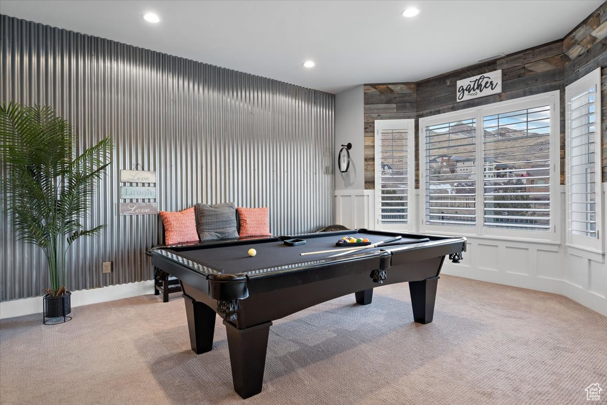 Game room featuring light carpet and pool table