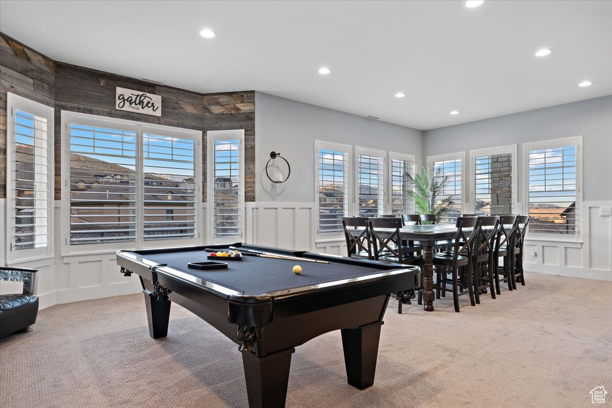 Playroom featuring light colored carpet and pool table