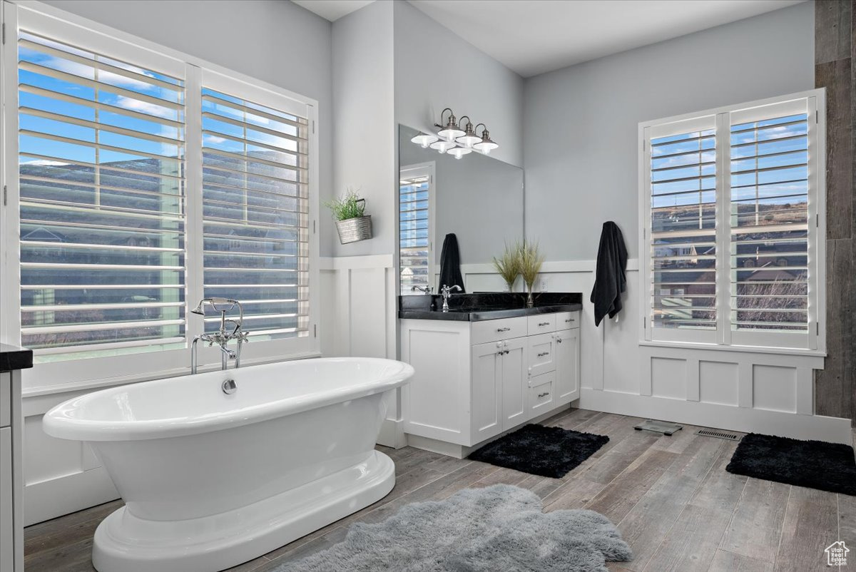 Bathroom with a bathing tub, vanity, and hardwood / wood-style floors