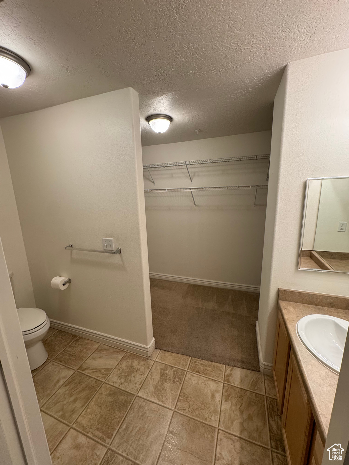 Bathroom with vanity, toilet, and a textured ceiling