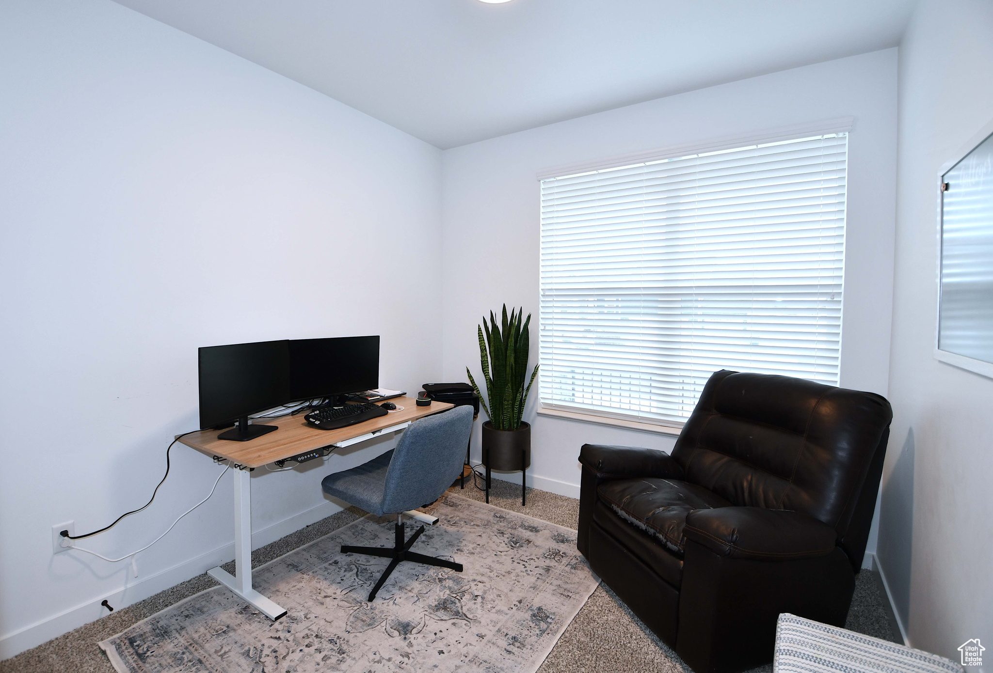 Office area featuring light carpet