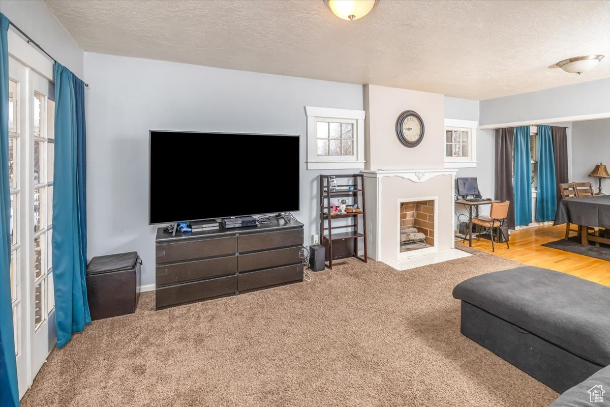 Carpeted living room with a textured ceiling