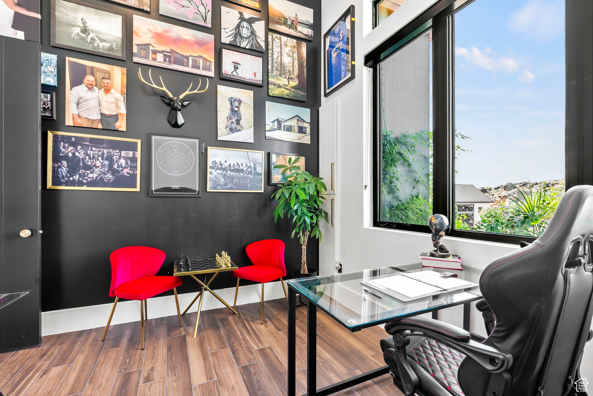 Office space with wood-type flooring