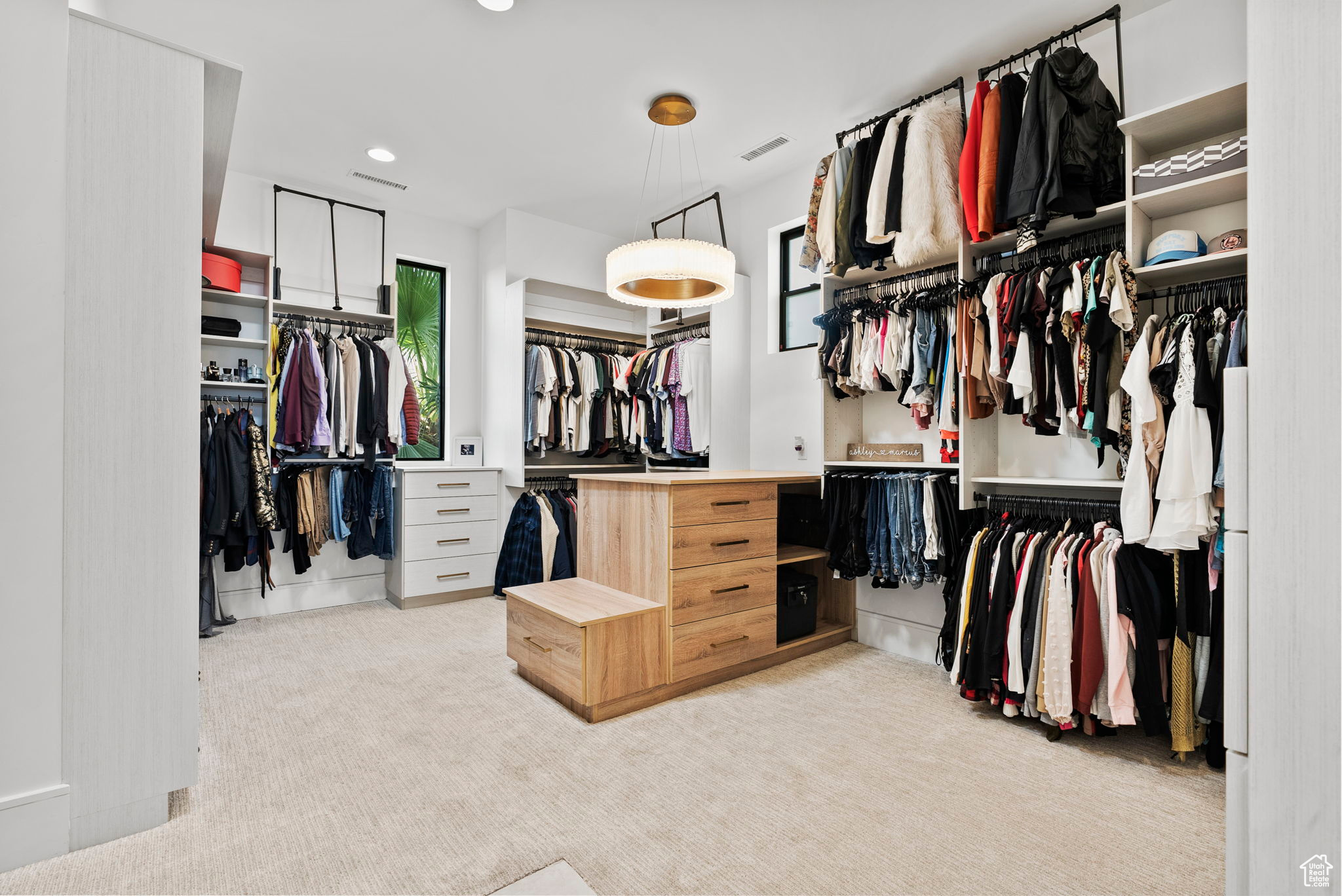 Spacious closet featuring light colored carpet