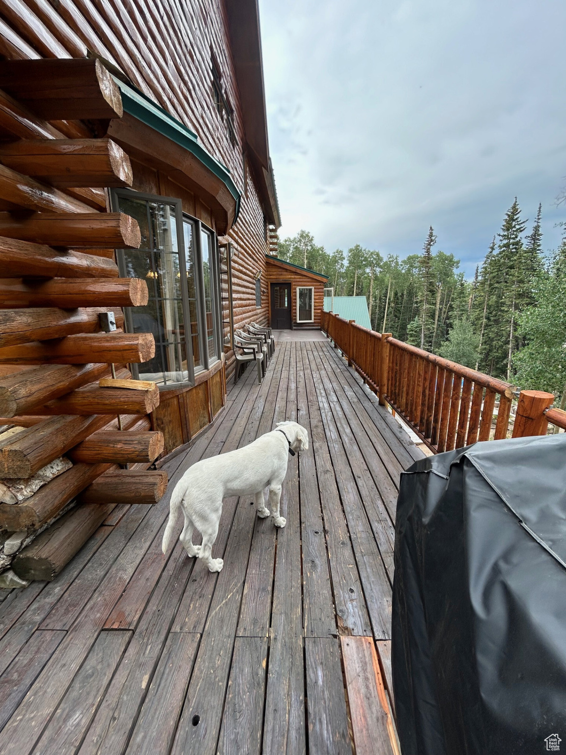 Wooden terrace featuring a grill