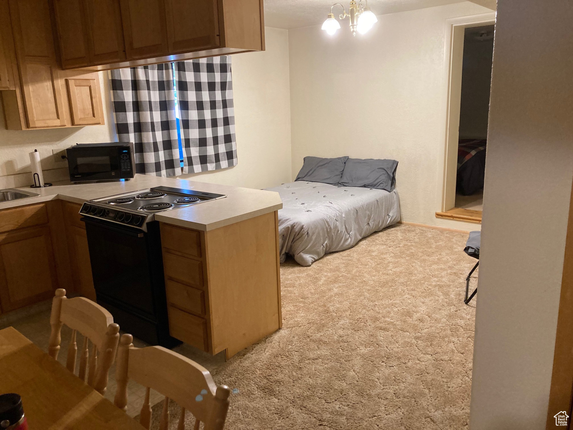 Carpeted bedroom with sink and an inviting chandelier