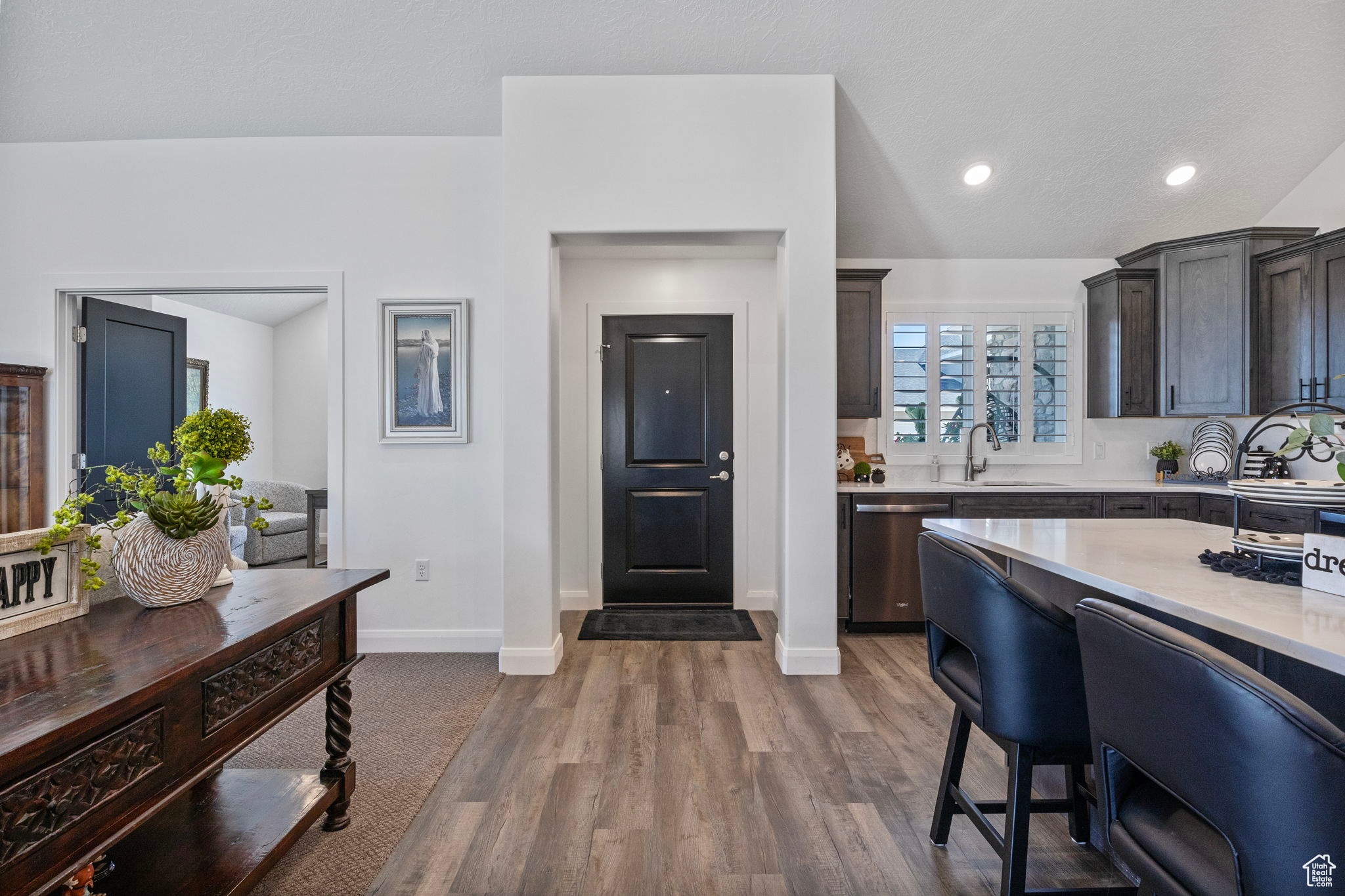 Kitchen featuring stainless steel dishwasher, dark brown cabinetry, light wood-type flooring, and sink