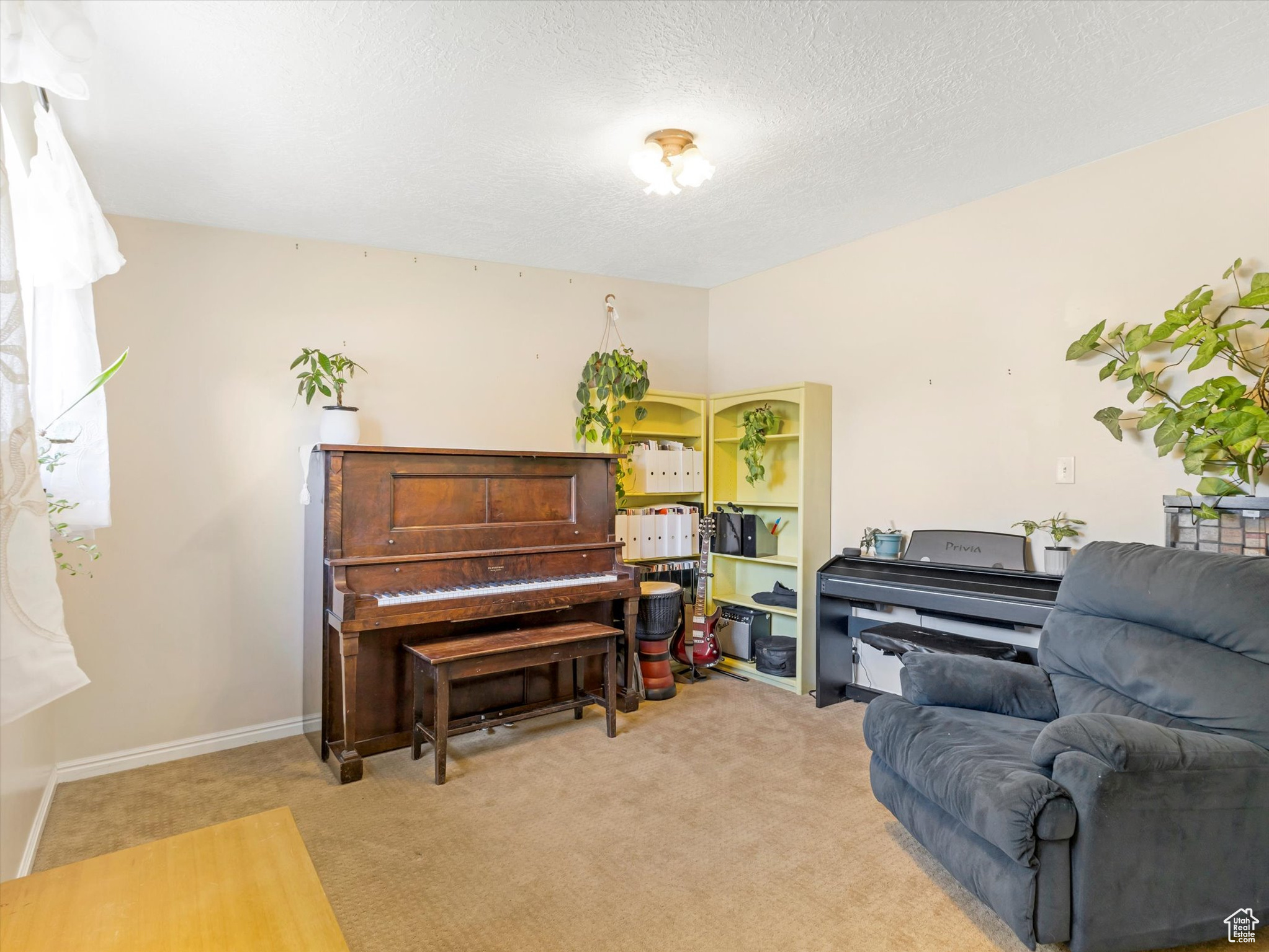 Sitting room with light colored carpet