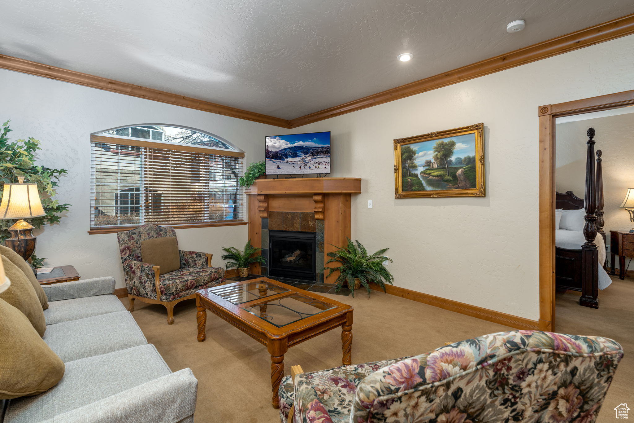 Living room featuring crown molding, a fireplace, and light carpet