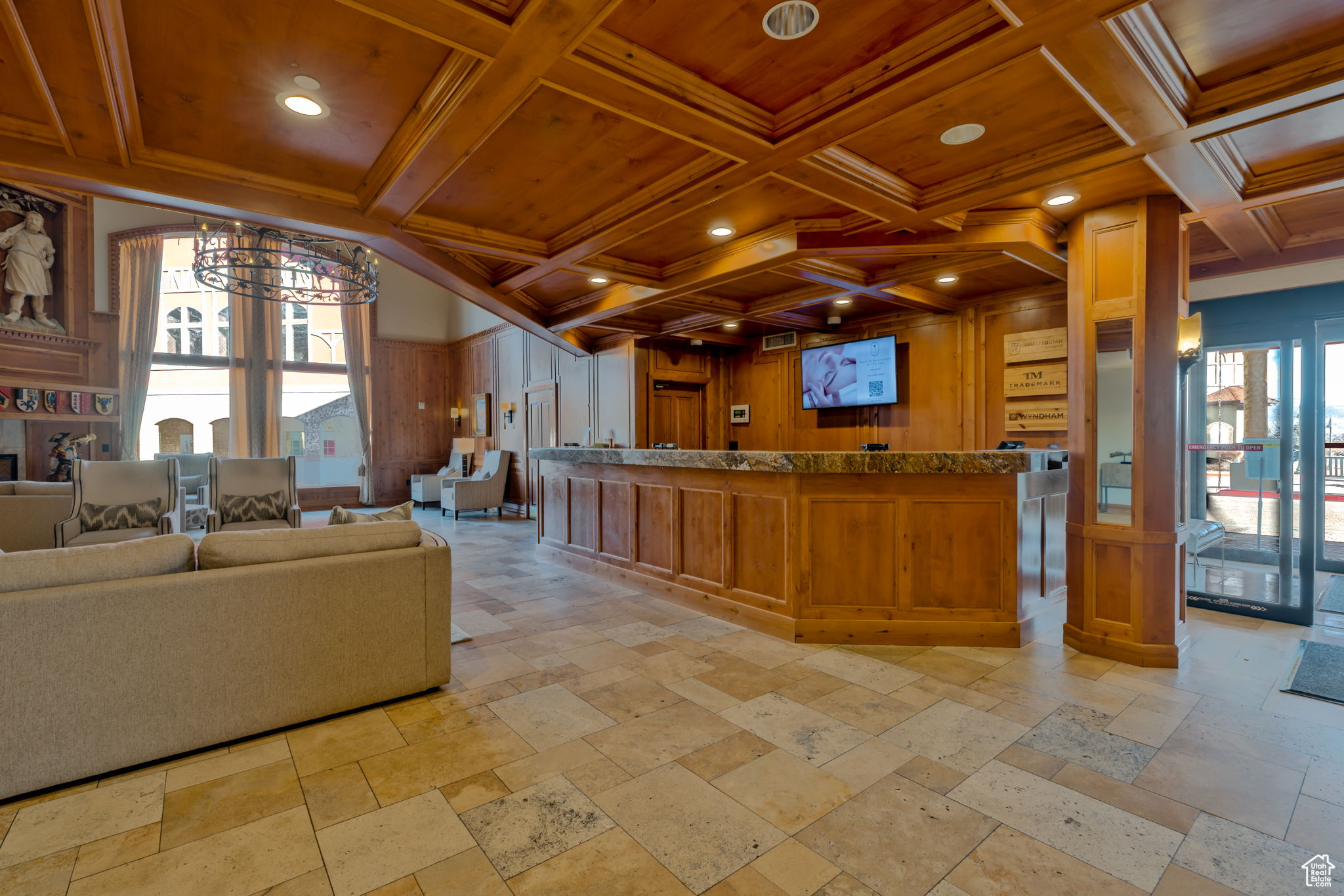 Welcome area featuring a notable chandelier