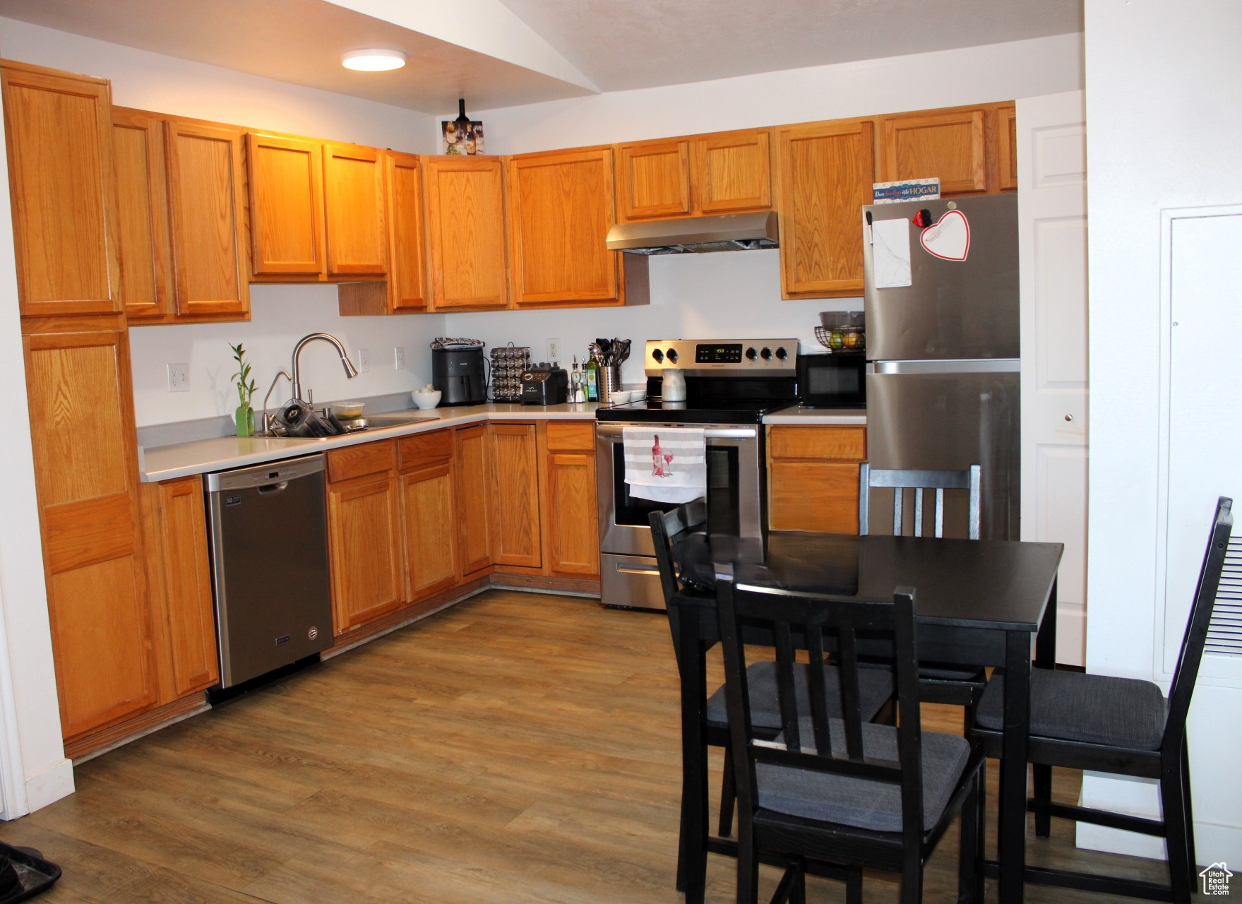 Kitchen with appliances with stainless steel finishes, vaulted ceiling, dark wood-type flooring, and sink