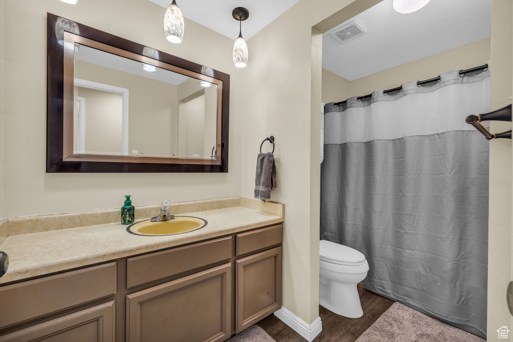 Bathroom with toilet, hardwood / wood-style flooring, walk in shower, and vanity