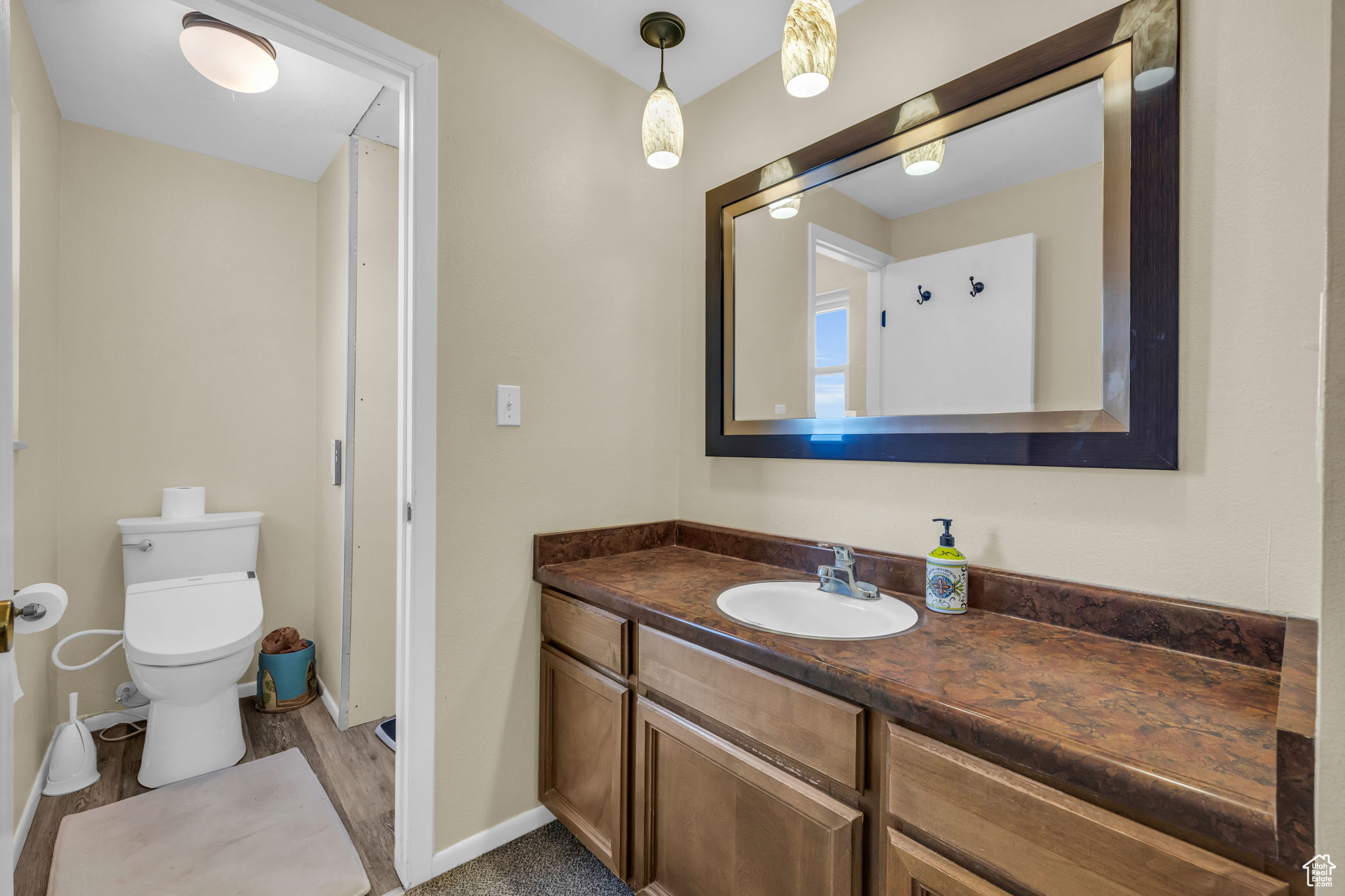 Owners Bathroom with toilet, wood-type flooring, and vanity