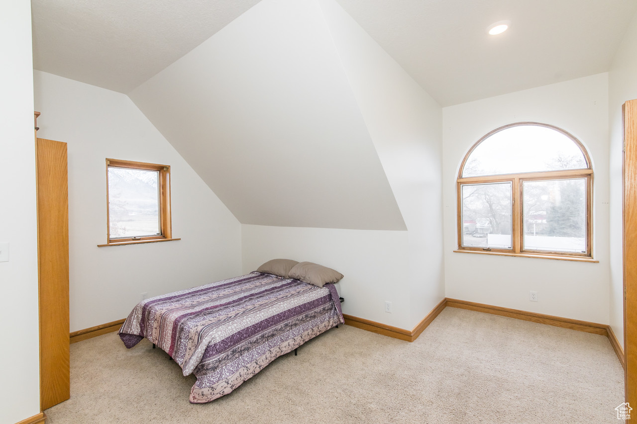 Bedroom with lofted ceiling and light colored carpet