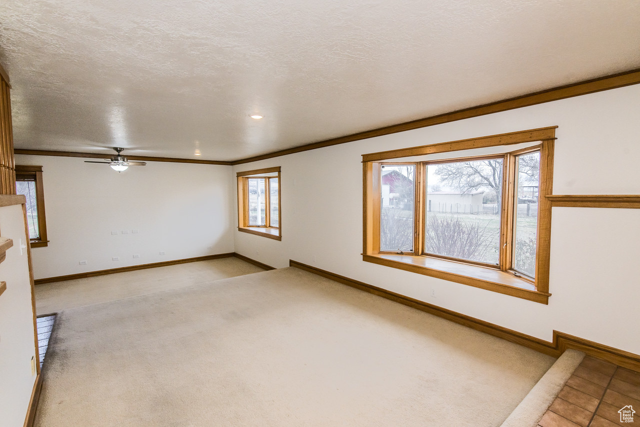 Living room with oak molding,