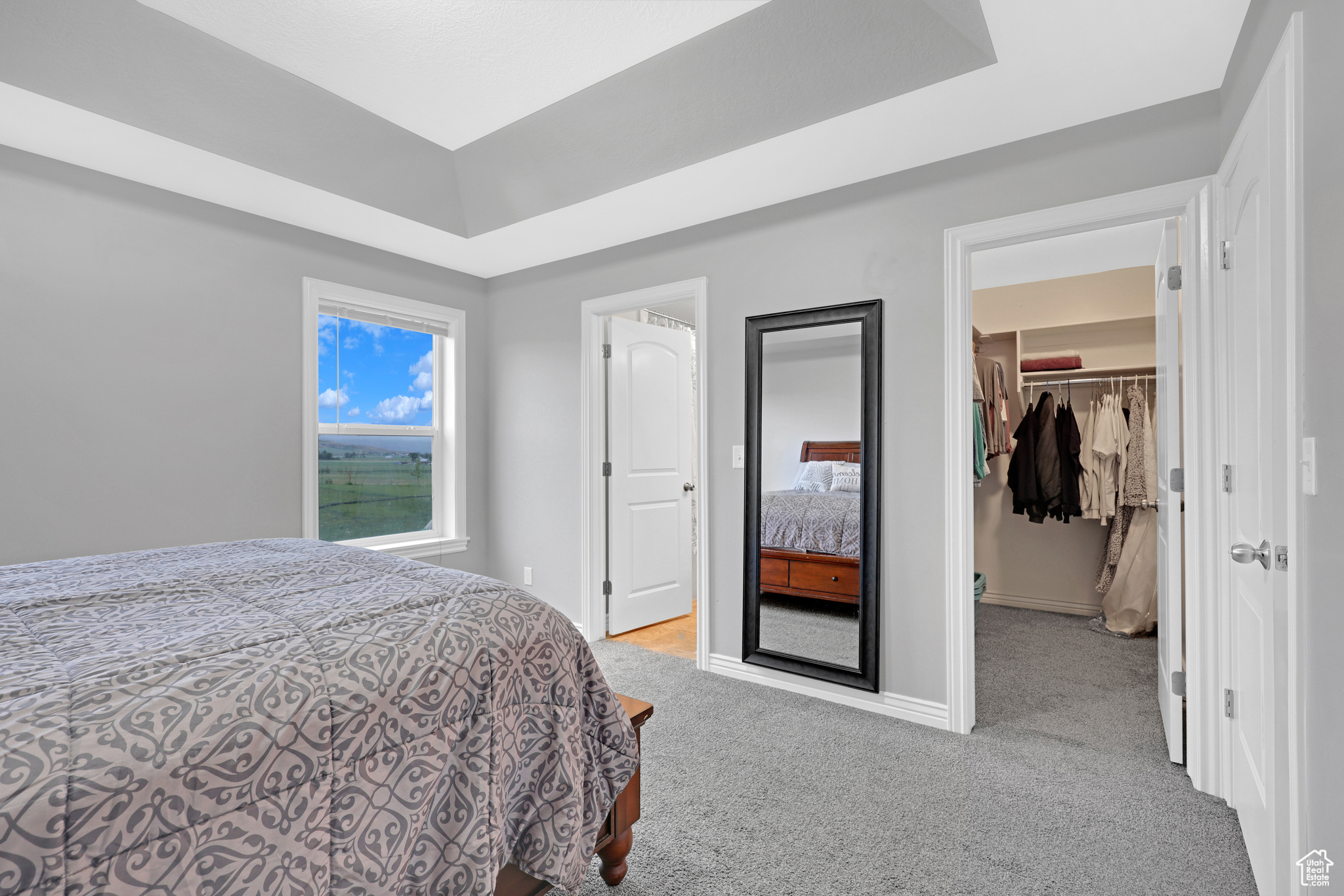 Bedroom with a walk in closet, a raised ceiling, a closet, and light colored carpet