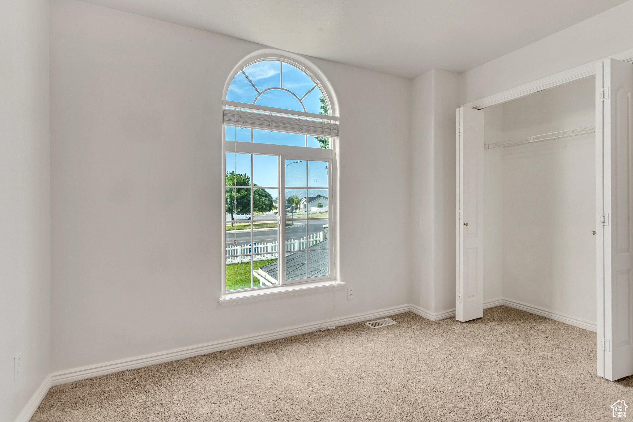 Unfurnished bedroom with multiple windows, a closet, and light carpet