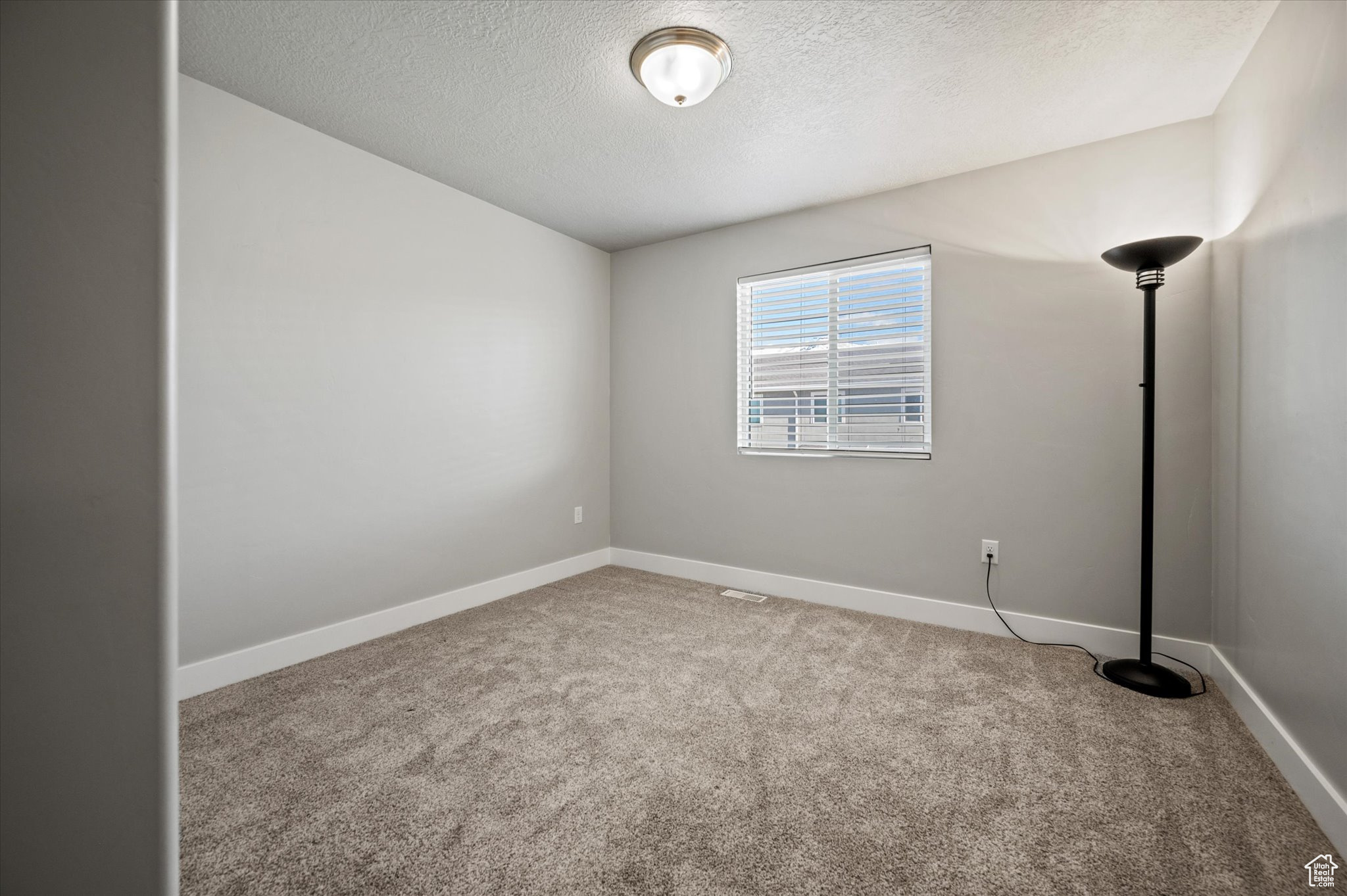 Carpeted spare room with a textured ceiling