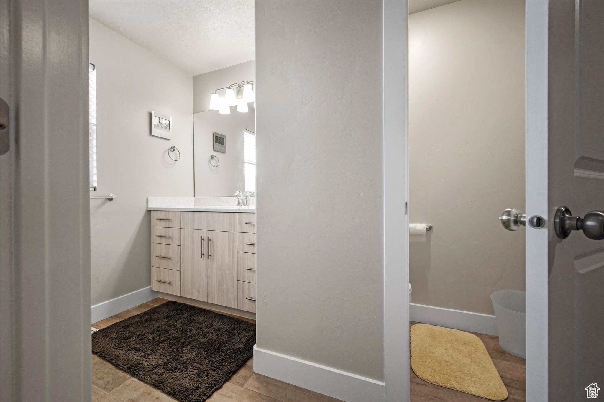 Bathroom with toilet, hardwood / wood-style flooring, and vanity