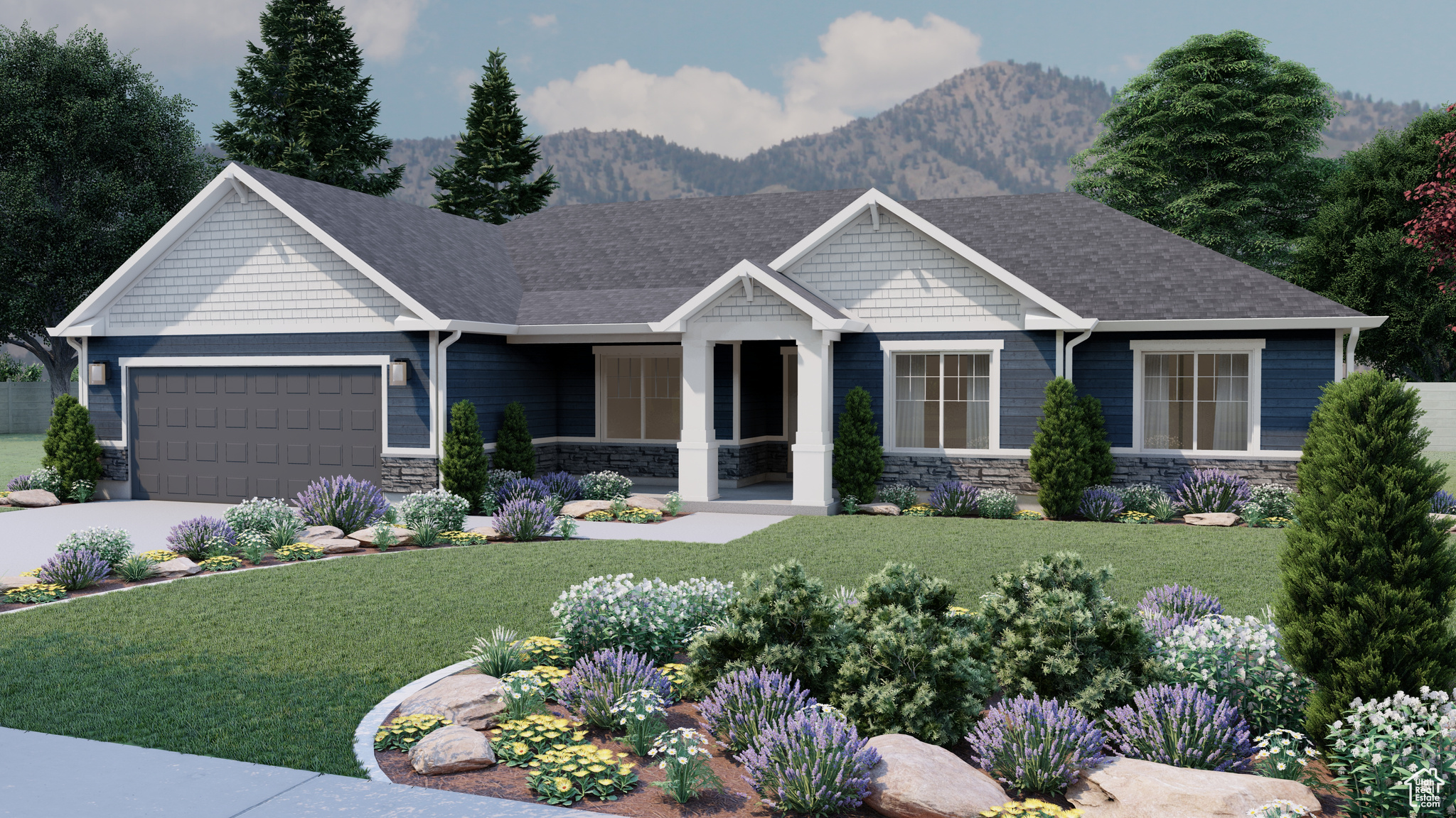 View of front of house with a mountain view, a front lawn, and a garage