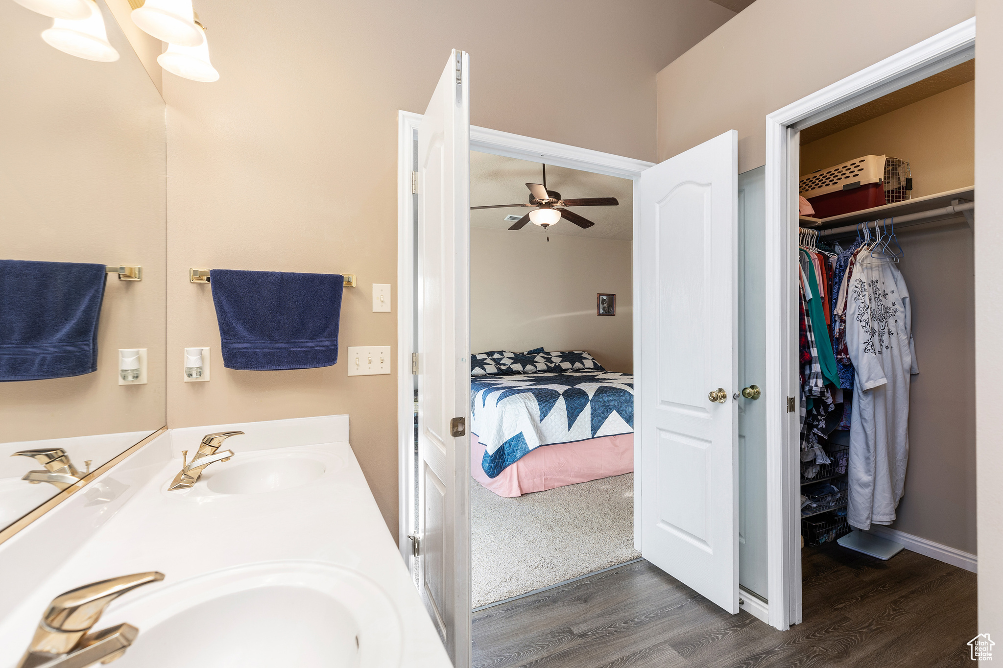 Bathroom featuring ceiling fan, vanity, and wood-type flooring