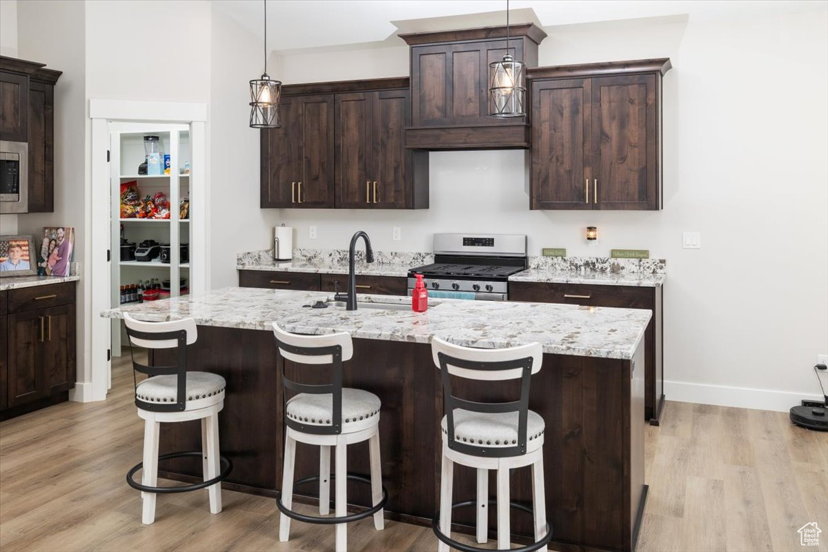 Kitchen with sink, dark brown cabinetry, stainless steel appliances, and an island with sink