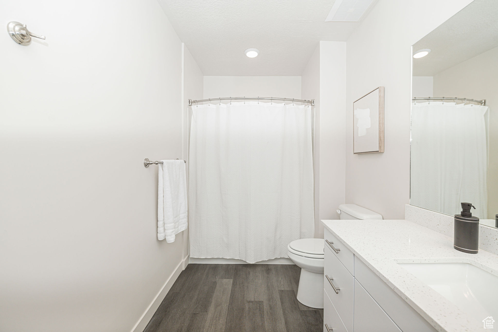 Bathroom with toilet, hardwood / wood-style floors, and vanity