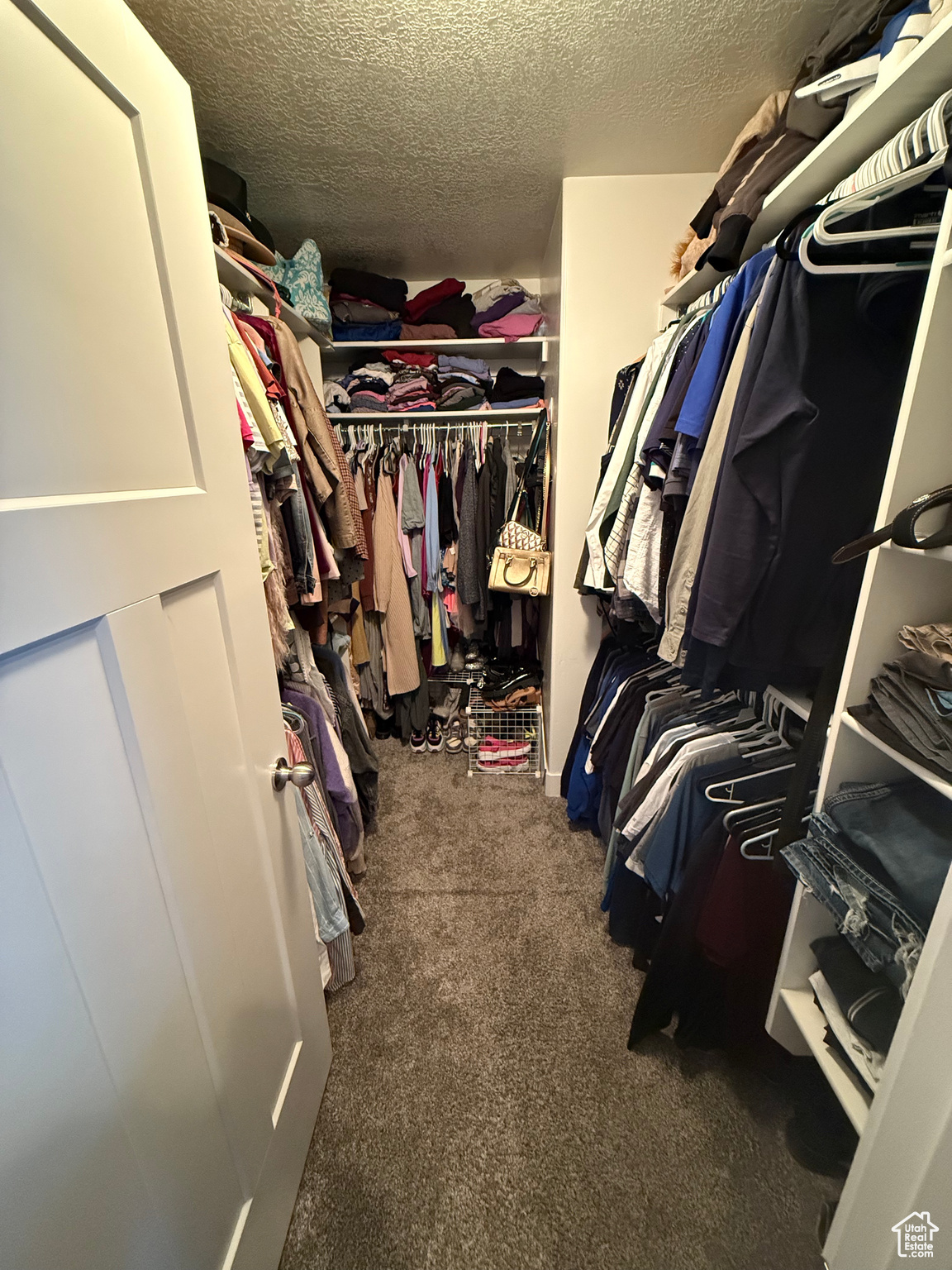 Walk in closet with dark carpet