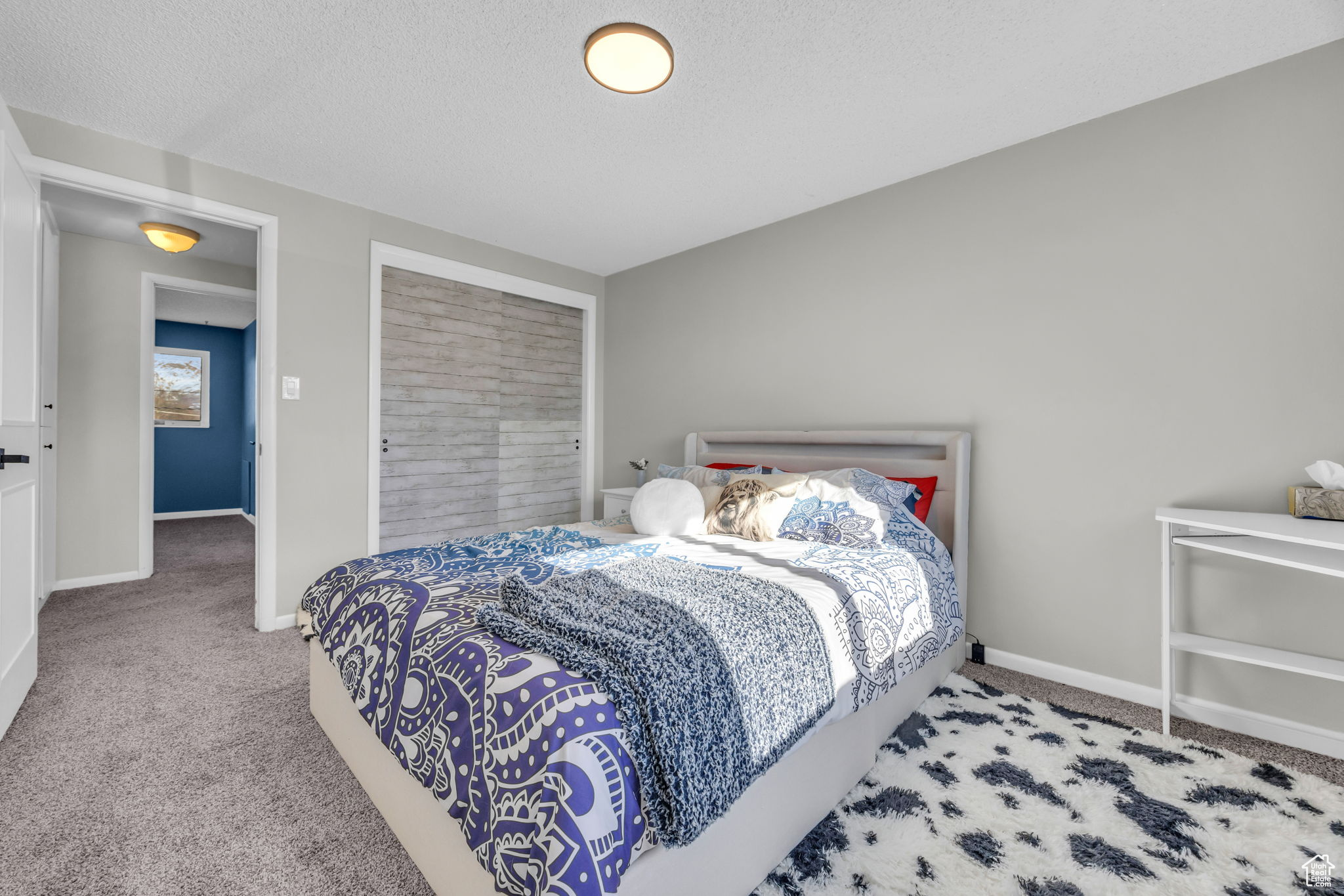 Carpeted bedroom featuring a textured ceiling