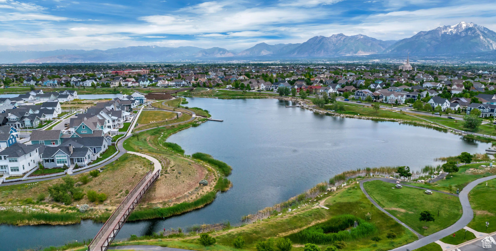 Aerial view with a water and mountain view