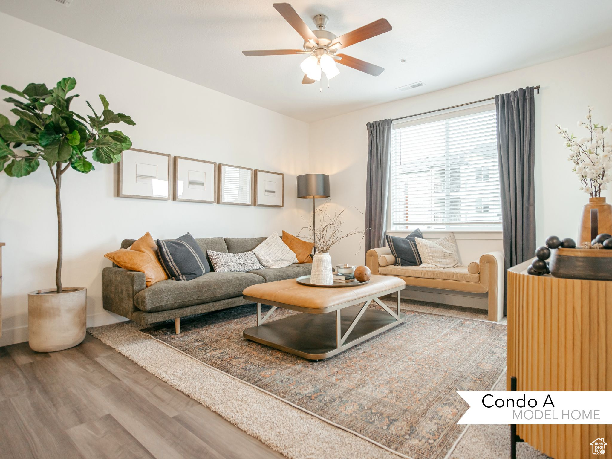 Living room featuring hardwood / wood-style floors and ceiling fan