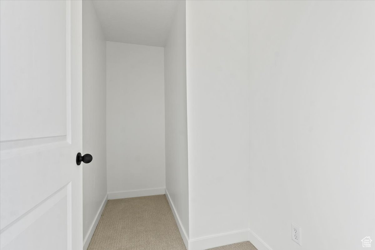 Walk in closet featuring light colored carpet