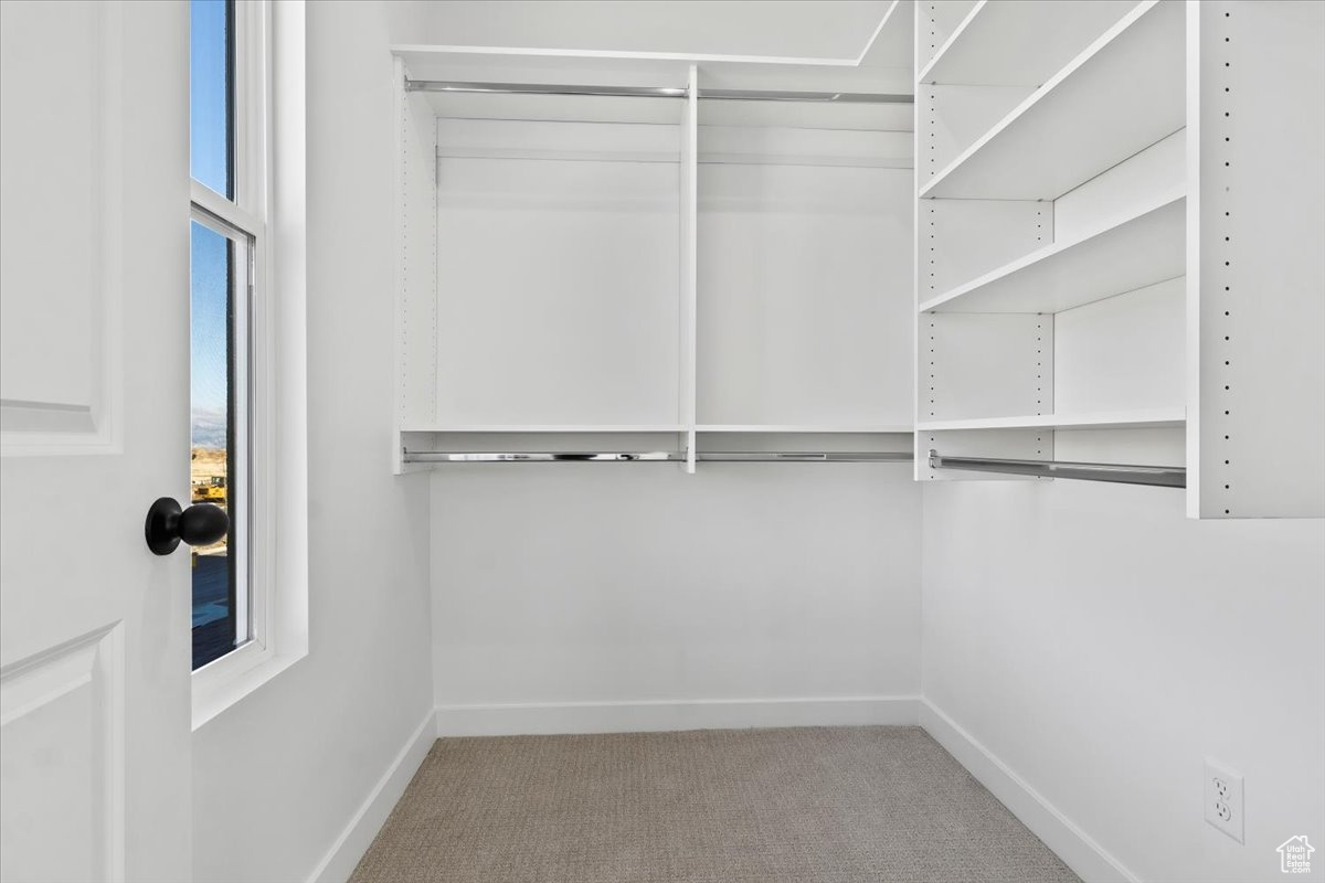 Walk in closet featuring light carpet